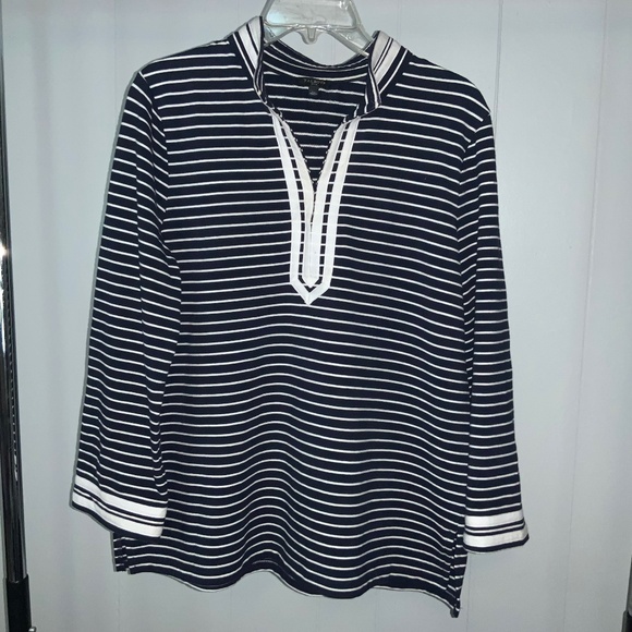 Talbots Navy White stripe tunic top Sz LP Cotton Stretch Knit Nautical cottage - Picture 1 of 5
